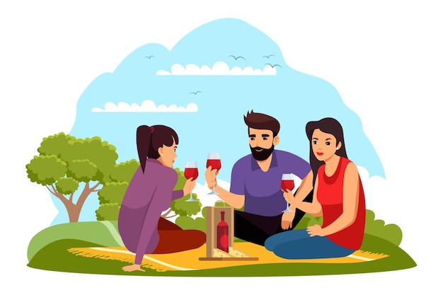 ピクニックで屋外でワインを飲む人々女性と男性が一緒に公園で格子縞のワインボトルのグラスとチーズの友人が食べたり飲んだりしている