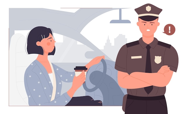 Люди водят пить кофе опасность аварии во время вождения с молодой женщиной и полицейским