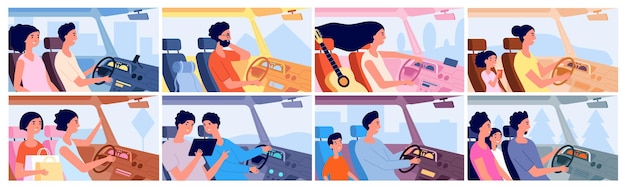 Vector people driving car romantic lady happy couple trip with map drive cars smile driver adventure alone ride on road utter vector concept