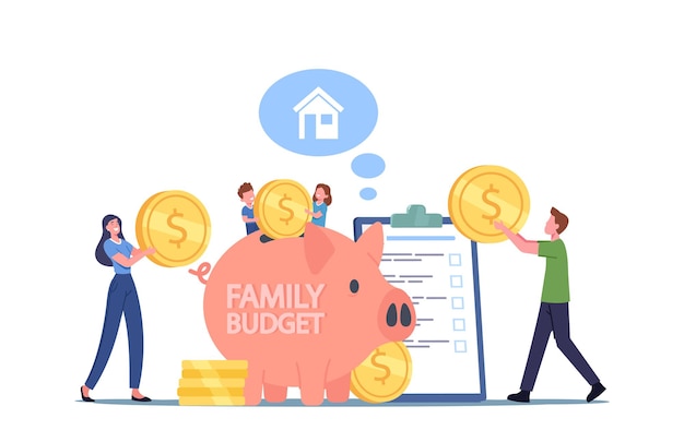 People Earn and Save Money, Universal Basic Income, Capital, Wealth, Family Budget Savings Concept. Tiny Male and Female Characters Collect Coins into Huge Piggy Bank. Cartoon Vector Illustration