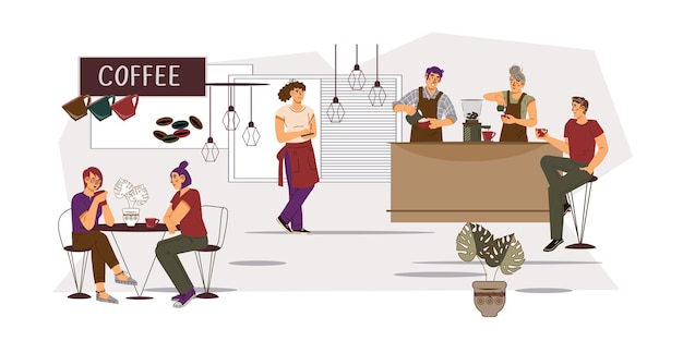 People eat dessert and drink coffee or tea at coffeeshop flat vector isolated