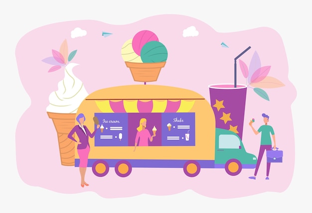 La gente mangia gelato e shake fast food su ruote cibo di strada urbano camion cibo festival di strada concept illustrazione vettoriale colorata