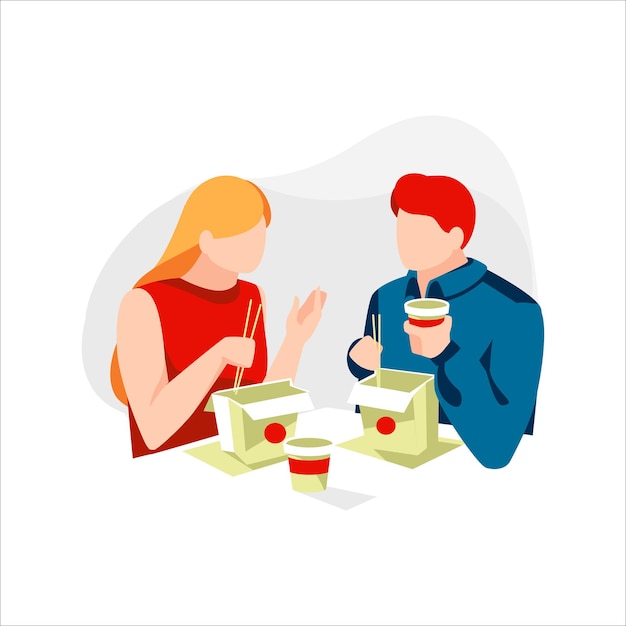 Vector people eat noodle or ramen instant with chopstick men and women having lunch in street food cafe cartoon characters try traditional chinese food and have conversation flat vector illustration