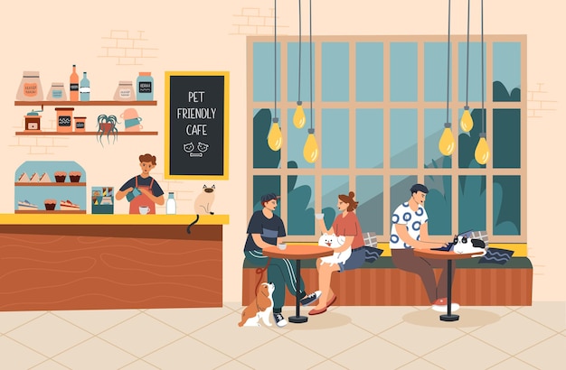 Vector people eat and talk together with a dog and a cat in a cafe pet friendly cafe concept