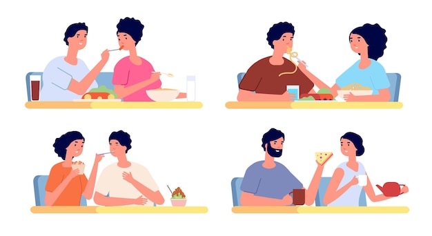 People eat together couple eating dinner food in restaurant friends meeting cartoon smiling woman man on lunch table utter vector concept