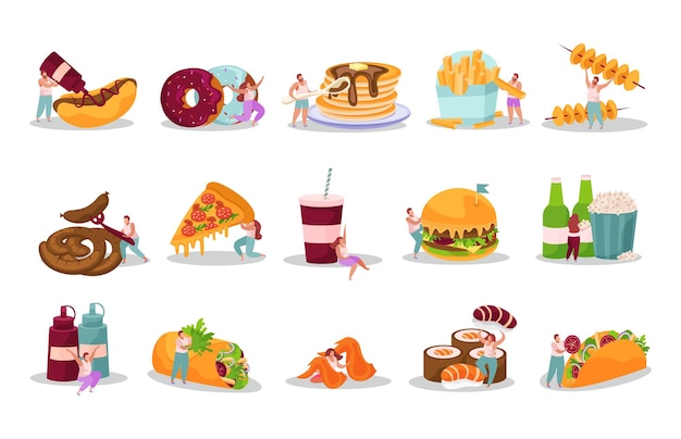 Vector people eating fast food burger donut popcorn kebab pizza pancakes sausages flat icons set isolated vector illustration