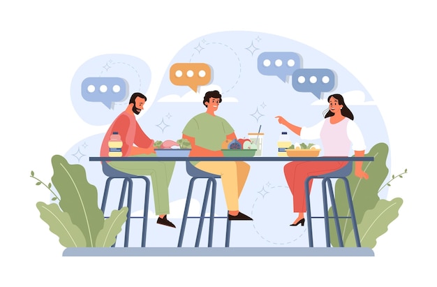 people eating healthy food family members or friends eating dishes