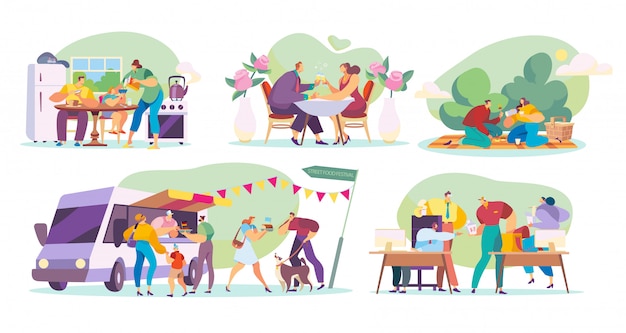 Vector people eating at home, outdoors, in restaurant and in office, illustration