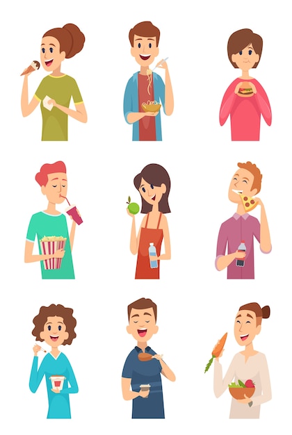 Vector people eating. hungry persons with different foods and drinks cake spaghetti fruits hotdog burger vector pictures. illustration hungry people eat food