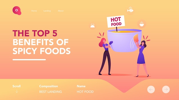 People eating lunch, restaurant landing page template. tiny female characters carry huge bowl with hot steaming food. women in gloves trying to cool down very hot meal. cartoon vector illustration