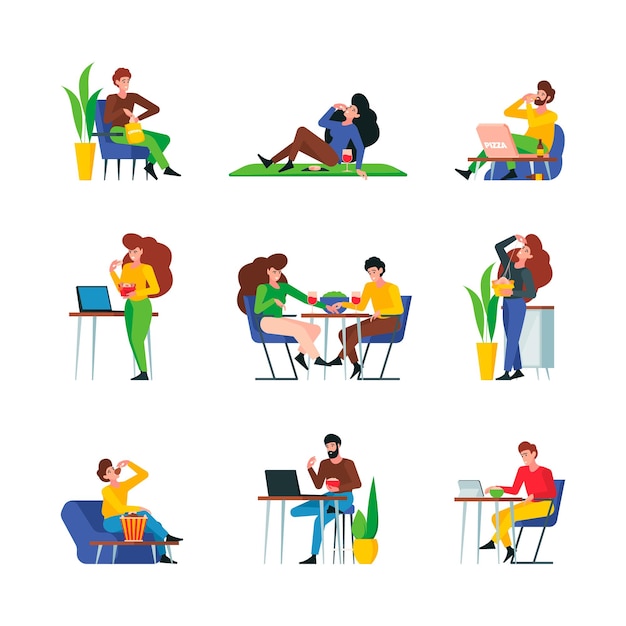 People eating Male and female adults characters eating restaurant food meals fruits vegetables meat and liquid drinks garish vector persons set