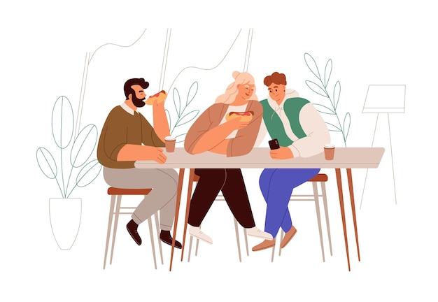 People eating at table, sitting and talking in fast food bistro at leisure time. Men and woman friends having meal, hot dogs together. Flat graphic vector illustration isolated on white background