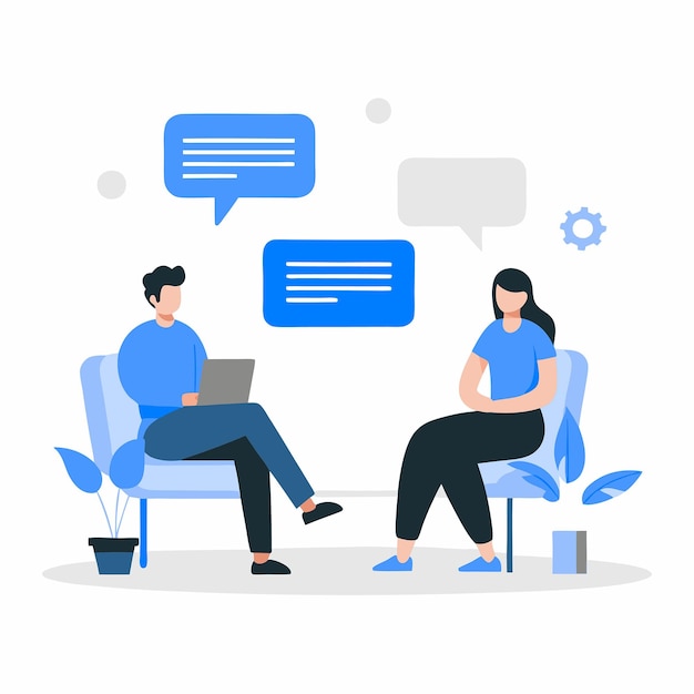people engaged in a dialog with idea bubbles illustrating concepts