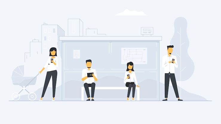 Vector people engaged with technology at a modern bus stop setting