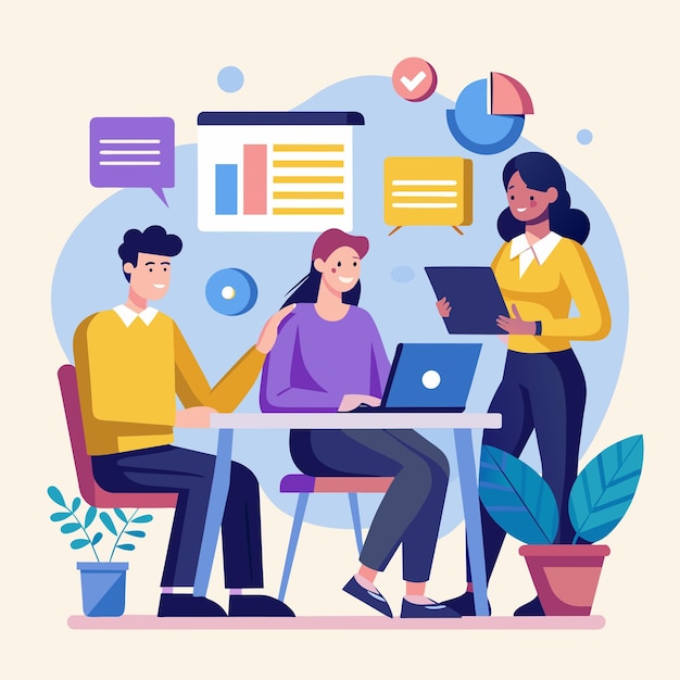 people engaging in company meeting working on laptops together at table three people having a company meeting with data simple and minimalist flat vector illustration