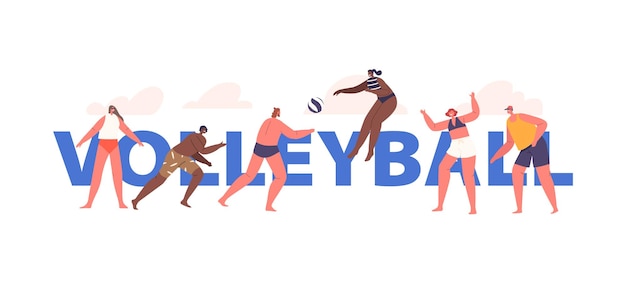 People Enjoy Beach Volleyball By Diving Spiking And Serving The Ball On Sandy Shores Characters Creating A Thrilling And Energetic Outdoor Sport Cartoon Vector Poster Banner Or Flyer Concept