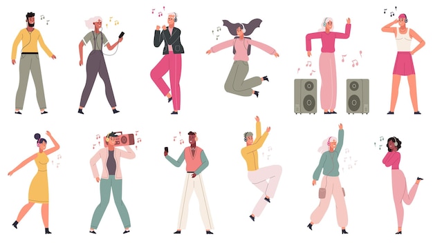 People enjoy music listening song in headphones Human enjoying audio in earphones vector illustration set Cartoon characters enjoying music People entertainment music