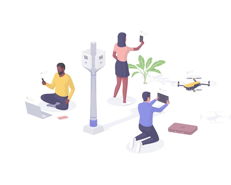 Vector people enjoy new communication 5g isometric vector