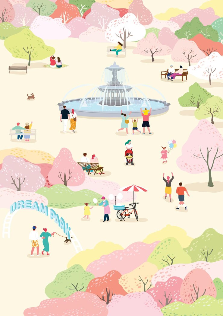 Vector people enjoying a break and spring outing in a park with colorful cherry blossoms in full bloom