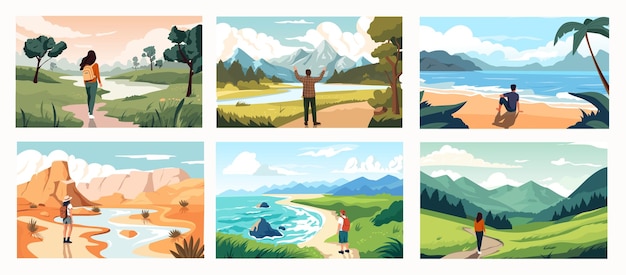 Vector people enjoying landscape view cartoon characters hiking and camping on nature travelers