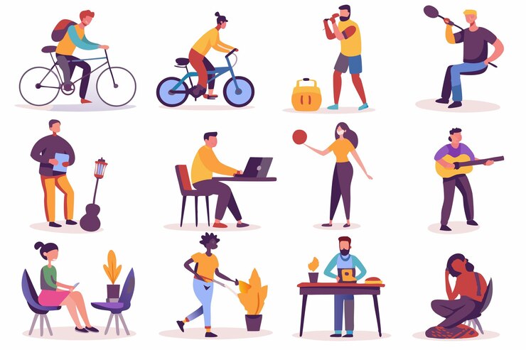 Vector people enjoying their hobbies at their places illustration on white background