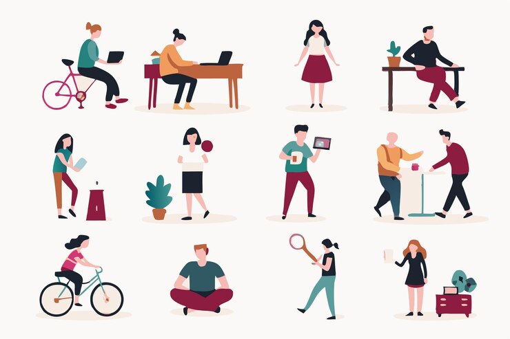 Vector people enjoying their hobbies at their places illustration on white background