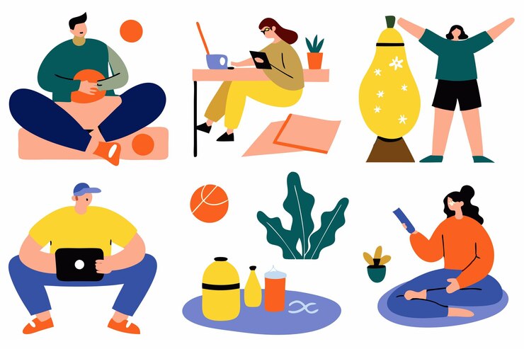 Vector people enjoying their hobbies at their places illustration on white background