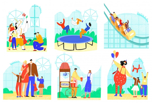 People in entertainment park  illustration set, cartoon  active family character have fun, park attraction icons  on white