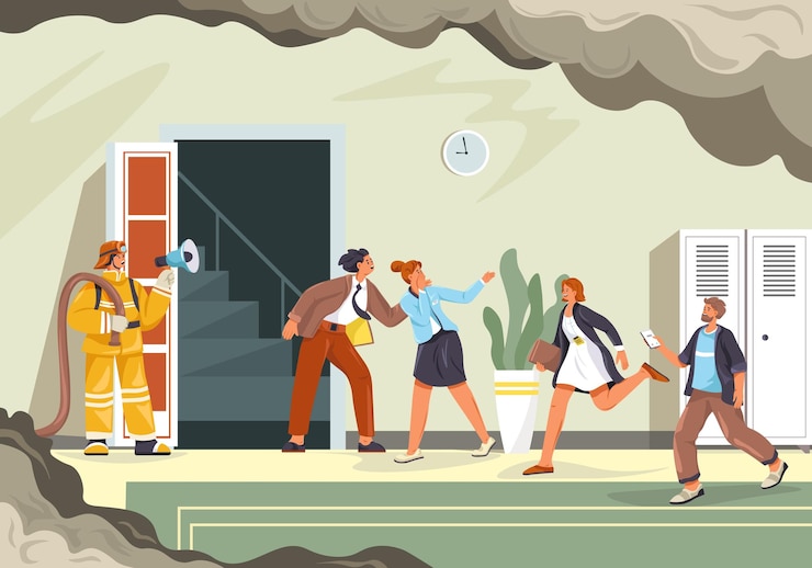 Vector people evacuation fire evacuating employees to safety emergency escape evacuate instruction plan employee leaving office building run in doorway exit recent vector illustration