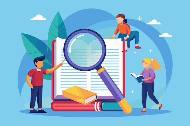 Vector people examining book with magnifying glass characters with huge magnifying glass and pencil edit and correct mistakes in book simple and minimalist flat vector illustration