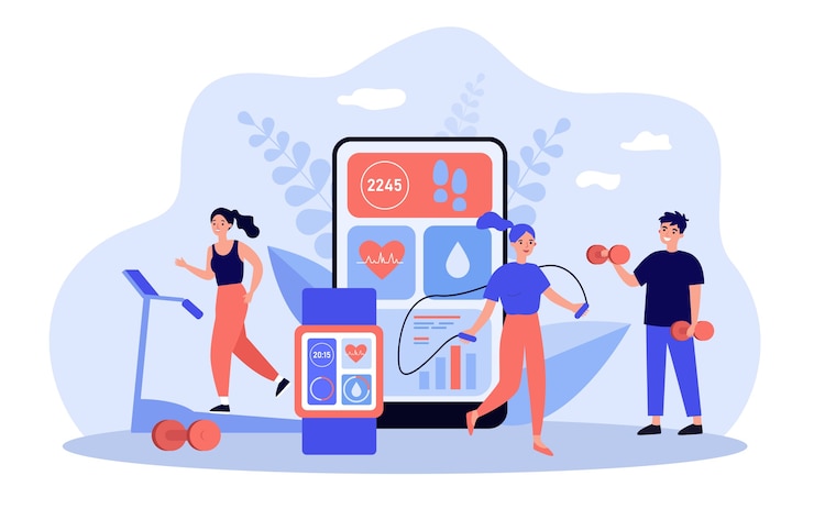 Vector people exercising in gym with heart beat monitoring apps