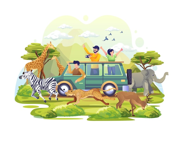 Vector people explore the savanna in a vehicle on world animal day wildlife day illustration