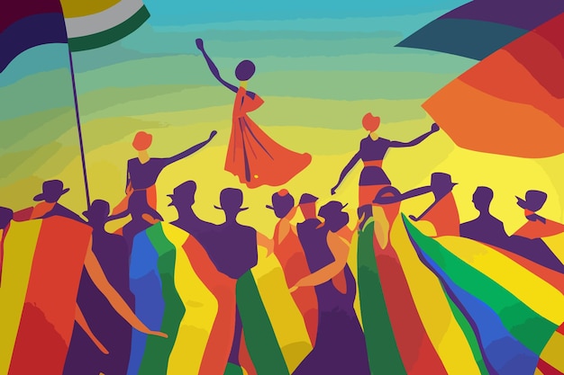 People expressing tolerance for lgbtq pride rainbow parade flags