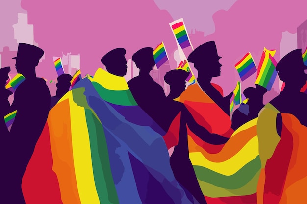 Persone che esprimono tolleranza per le bandiere da parata di accessori arcobaleno lgbtq pride