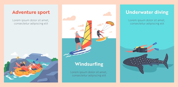 Bandiere del fumetto di attività di sport acquatici estremi della gente. windsurf, fly board, jet ski e immersioni con lo squalo, uomini o donne si rilassano durante le vacanze estive, il tempo libero, le attività ricreative sportive. poster vettoriali