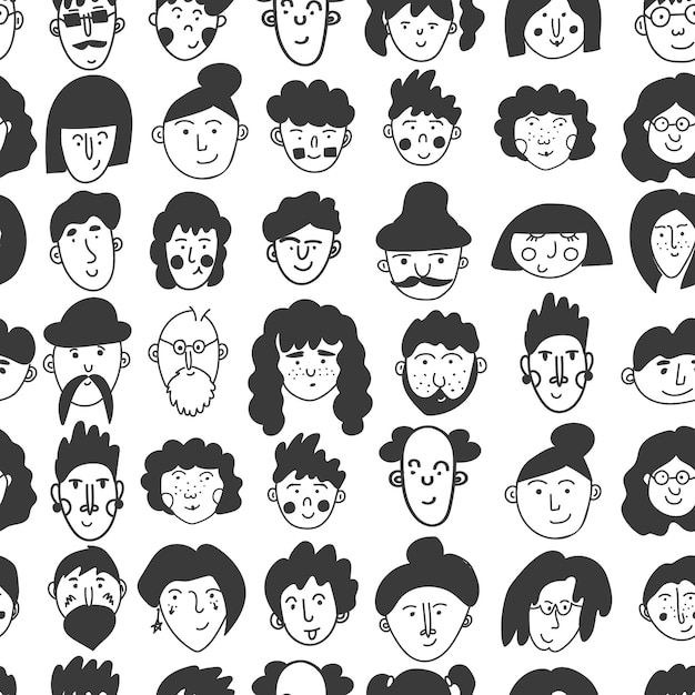 People faces pattern. seamless endless background. men, women,\
children, the elderly, transgender people. stylish print. vector\
illustration, doodle