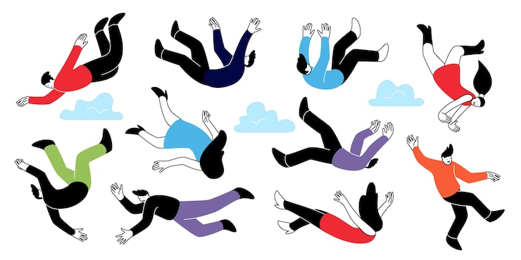 Vector people fall girl and boy falling person in air characters action young human silhouettes down cartoon outline woman or man in sky hovering and soaring doodle drawing vector black design