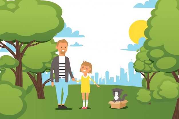 사람들이 가족, 작은 딸 일러스트와 함께 도시 공원에서 산책. 남자 캐릭터 잡고 아이 손, 여자 쇼 아버지