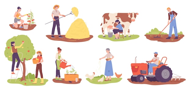 Люди работают на ферме сельская работа на полевых фермерах собирает урожай сельскохозяйственных рабочих, кормящих домашний скот, собирающих здоровые органические продукты питания в саду яркой векторной иллюстрации