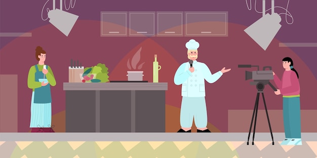 Vector people filming culinary program flat style vector illustration