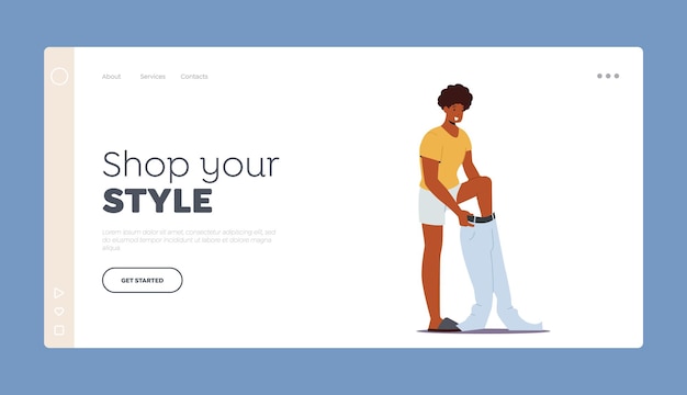 People Fitting Clothes Landing Page Template Daily Routine Concept Young Male Character Dressing Up