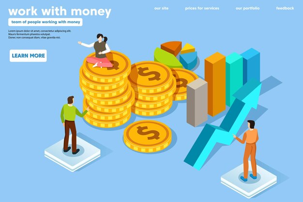 People in flat isometric style working with money and charts