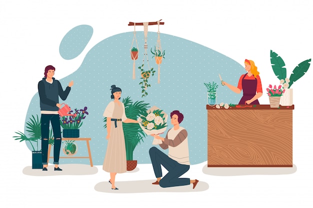 People in flower shop, florist at store counter, kneeling man give bouquet to woman,  illustration