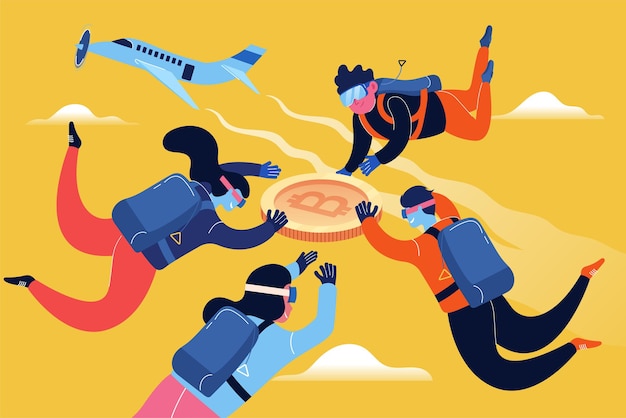 People Fly Down With Bitcoins From Airplane Vector