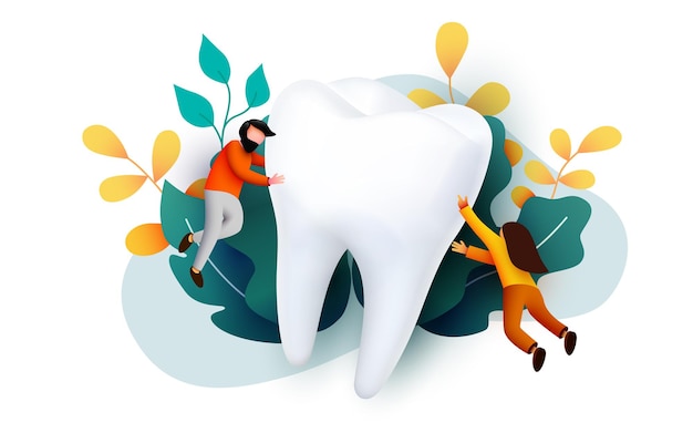 Vector people flying around big tooth dental clinic teeth care web page banner presentation online survey with characters