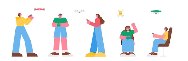 Vector people flying drones flat vector illustration