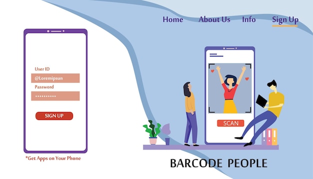 Vector people flying and interacting with barcode people. business and workflow management. landing page template vector illustration
