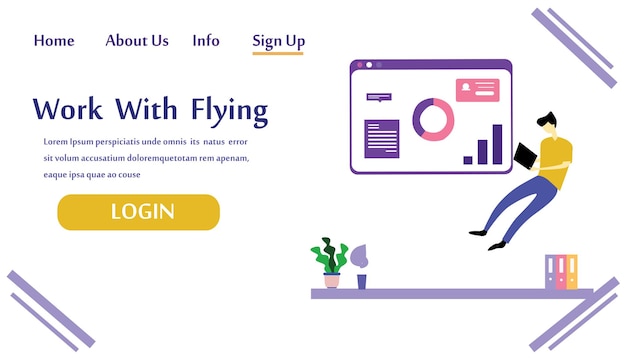 Люди летают и взаимодействуют с графиками и бумагами. Управление бизнесом и рабочими процессами. Шаблон целевой страницы векторная иллюстрация