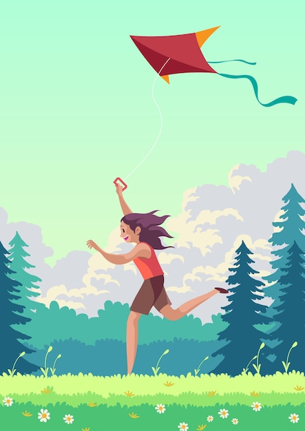 Vector people flying a kite in summer