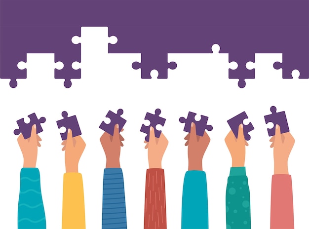 People folding puzzle Hands hold the details of the puzzle Concept of teamwork Vector illustration